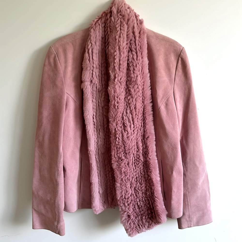 Vintage Bernardo Genuine Pink Suede Leather Jacket Detachable Fur Collar Size M